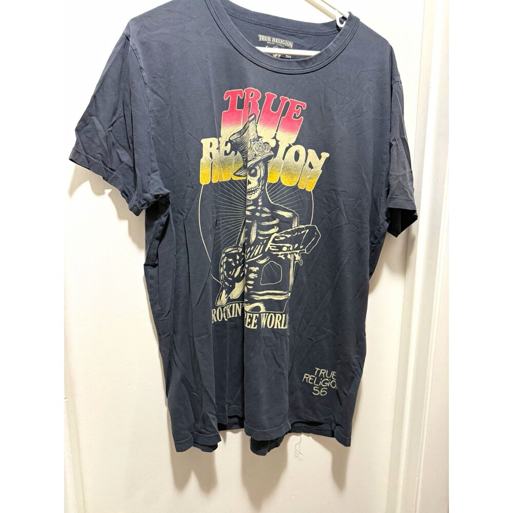 True Religion World Tour Men’s 2XL Gray Skeleton Graphic Crew Neck Jersey Tee
